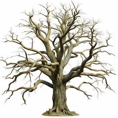Fototapeta premium hauntingly leafless, old tree with gnarled branches, isolated on a white or transparent background.