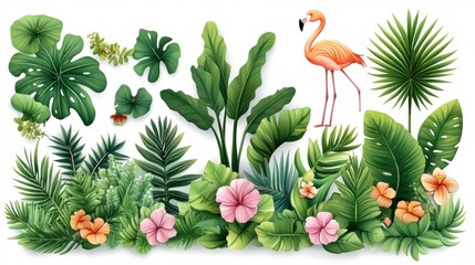 A flamingo in a tropical jungle setting.