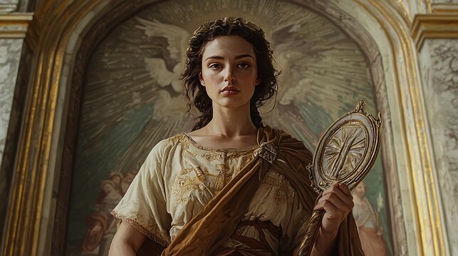 Saint Agatha is portrayed in a timeless artistic style, clutching her emblems of faith and resilience against a beautifully detailed historical setting.