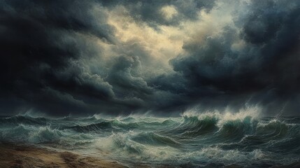 Obraz premium Dark, stormy sky over turbulent sea.