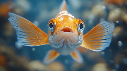 Fototapeta premium A close-up of an orange goldfish swimming in clear water, showcasing its vibrant colors and features.