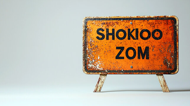 A weathered orange sign displays the words "SHOKIOO ZOM" on a simple stand.