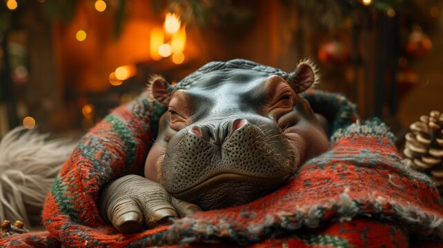A hippopotamus drifts off to sleep by the fire, wrapped in a festive blanket, a gentle smile gracing its face as it dreams of Christmas delights