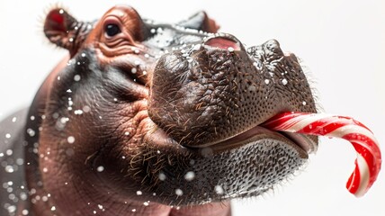 A hippopotamus embraces the joy of Christmas, indulging in a giant candy cane, its blissful expression a testament to the simple pleasures of the season.