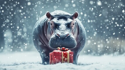 A hippopotamus, undeterred by swirling snowflakes, trudges through a blizzard, its heart filled with warmth as it delivers Christmas gifts to friends.