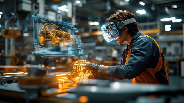 A man wearing a virtual reality headset is working on a car - Powered by Adobe