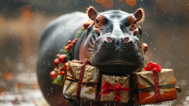 The hippopotamus balances a stack of Christmas presents with care, reflecting its gentle nature as it embraces the holiday spirit.