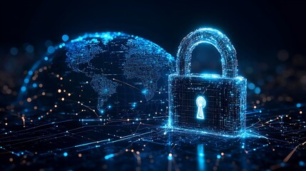 A futuristic padlock icon securing global digital data connections with encryption lines glowing around the globe.