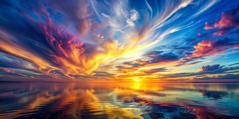Obraz premium A kaleidoscope of colors paints the sky as the sun sets over the horizon, reflecting in the rippling surface of the calm water.