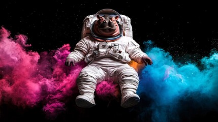 Fototapeta premium Baby hippo in a spacesuit, sarcastic smirk, floating in a colorful nebula, 3D illustration with vibrant galaxies