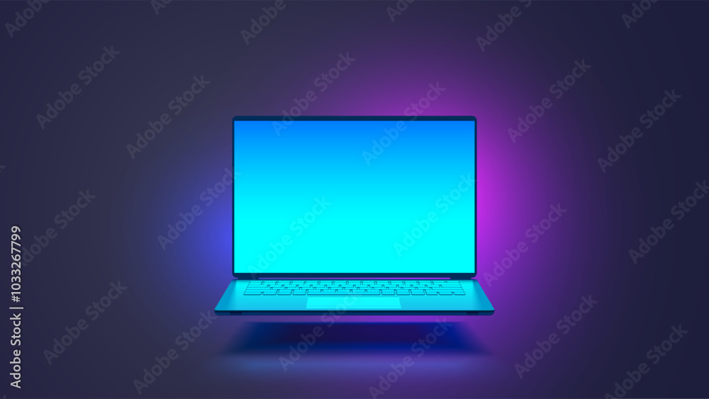 Poster Laptop hanging air in dark. Laptop vector front view. Front open cyan screen gaming laptop mockup. Vector template blank screen notebook with backlit.