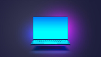 Laptop hanging air in dark. Laptop vector front view. Front open cyan screen gaming laptop mockup. Vector template blank screen notebook with backlit.