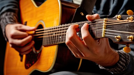 Fototapeta premium Close-up of a Man's Hand Playing an Acoustic Guitar