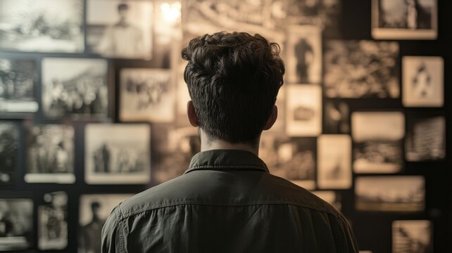 A contemplative man observes historical displays highlighting key moments in environmental activism.