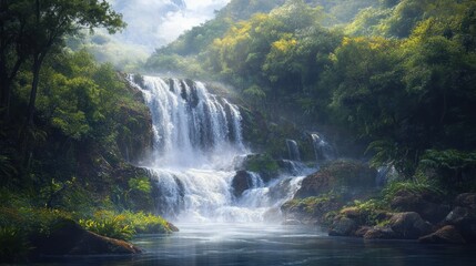 Fototapeta premium Waterfall cascading through lush green jungle.