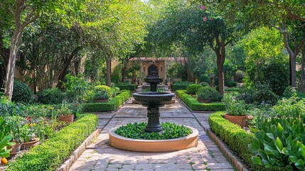 A tranquil garden path lined with lush greenery leads to a serene fountain, creating a picturesque oasis.