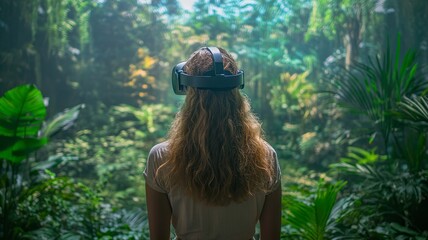 Obraz premium A thoughtful woman observes an exhibit detailing the harmful effects of deforestation on the Amazon's biodiversity.