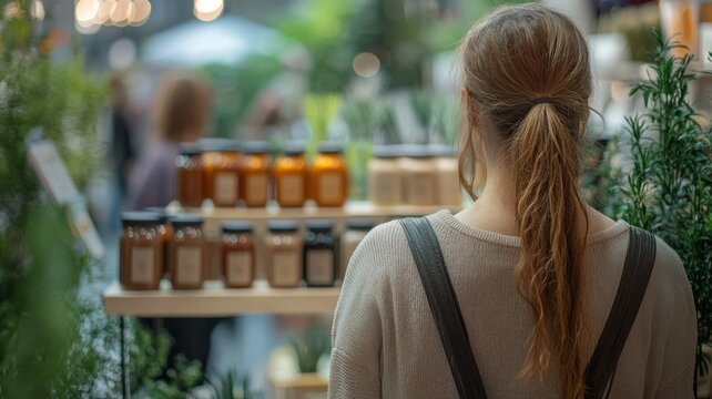 A woman thoughtfully browses through eco-friendly products that promote sustainable living at a bustling fair.