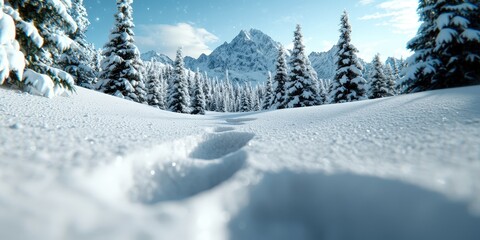 Snow Covered Forest Trail Leading to Majestic Mountain Peaks