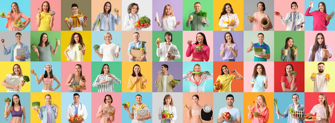 Collage of many people with healthy food on color background