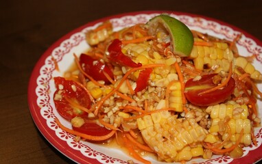 food, plate, vegetable, lunch, snack, cuisine, fresh, tasty, dish, sauce, delicious, restaurant, thai food, thailand food, corn salad, salad, healthy, papaya, papaya salad