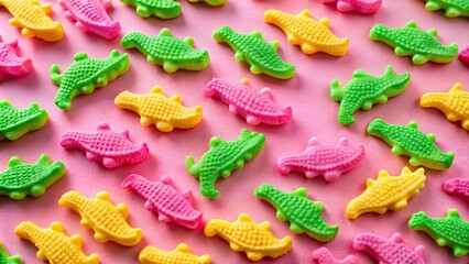 Pattern of Swedish candy chewy candies in the shape of crocodiles on a pink background Macro