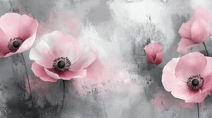 Pink Poppies Blooming Against Textured Gray Background