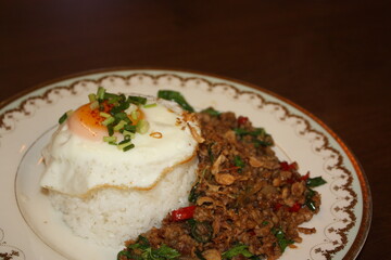 food, meal, dish, rice, dinner, plate, vegetable, cuisine, healthy, gourmet, pepper, parsley, delicious, lunch, sauce, vegetables, pork, fried, egg, thai, thai food, thailand, korean