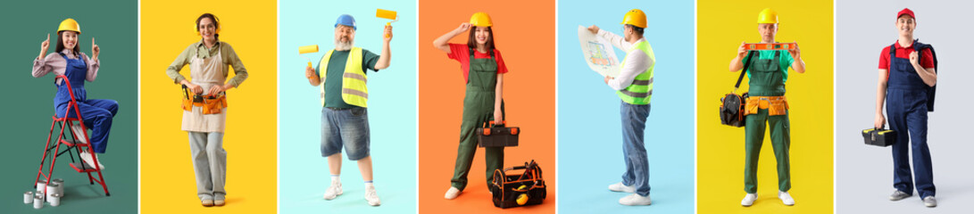 Set of different workers on color background