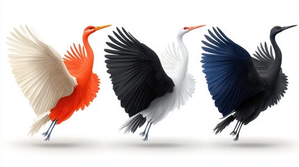 Obraz premium Three cranes with spread wings in flight.