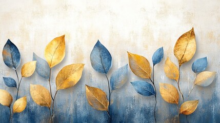 Elegant Blue and Gold Leaves on Textured Background