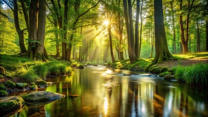 Obraz premium Peaceful forest scene with sunlight filtering through trees and babbling brook in background