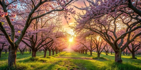 A sunlit pathway through an ethereal grove of blooming trees, their delicate blossoms casting a soft, ethereal glow upon the vibrant green grass beneath.