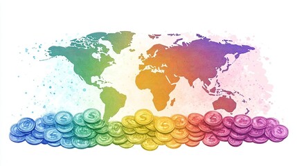 Colorful World Map with Stacked Gold Coins Design