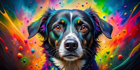 A canine portrait emerges from a vibrant abstract backdrop, painted with bold strokes of color and whimsical dots