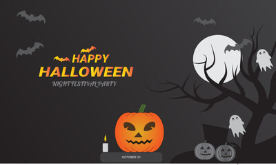 Halloween celebration poster and banner template vector design with moon, tree, bats, ghosts, pumpkin and other scary decorations. Suitable for promotional Halloween events with a spooky and creative