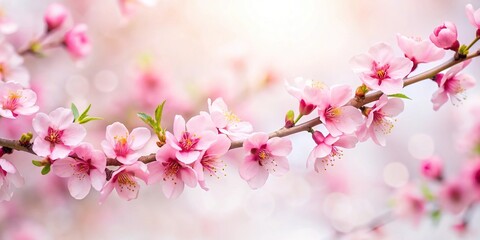 Fototapeta premium Peach fuzz cherry blossoms on white background with copy space and depth of field