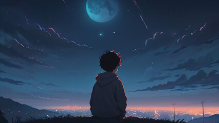 Lofi aesthetic atmosphere, boy starring at the sky, night