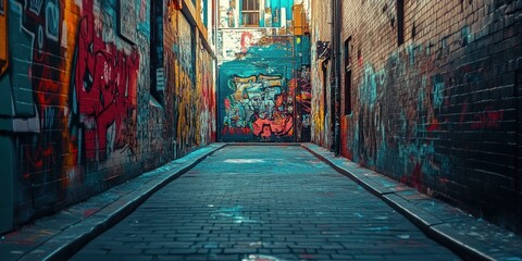 Fototapeta premium Narrow alley with colorful graffiti and brick walls.