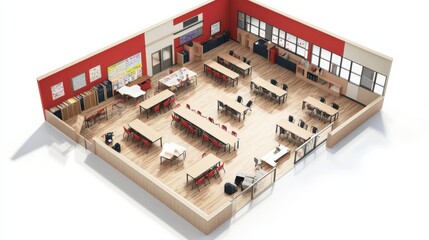 3D isometric floor plan of a high school with classrooms and recreational spaces
