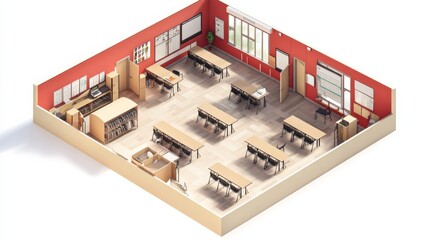 3D isometric floor plan of a high school with classrooms and recreational spaces