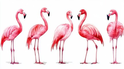 Obraz premium Five pink flamingos on a white background.
