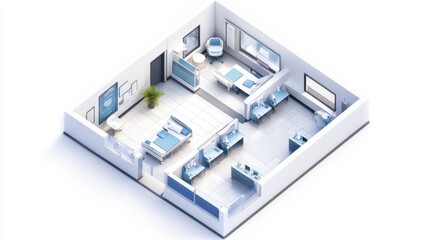 3D isometric floor plan of a medical clinic with exam rooms and waiting areas