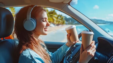 Naklejka premium Woman in a car with headphones and coffee, enjoying the view