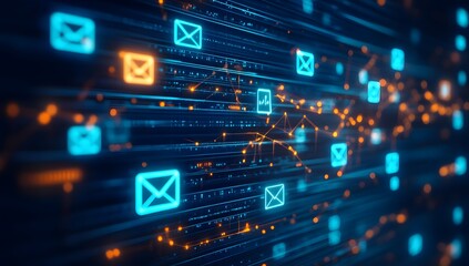 Inexplicable virtual tabletop, close-up of icons floating above in the air showing an email network connection between multiple people on a digital screen, 