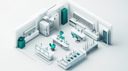 3D isometric floor plan of a research laboratory with workstations and equipment zones