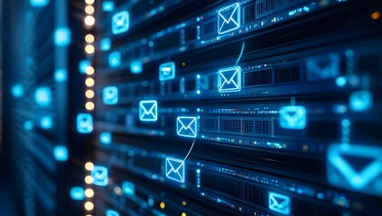 Obraz premium Inexplicable virtual tabletop, close-up of icons floating above in the air showing an email network connection between multiple people on a digital screen, 