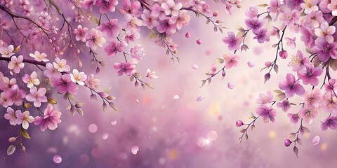 Fototapeta premium Delicate pink blossoms gently cascade against a soft purple sky, their petals scattering like a gentle rain, a visual symphony of spring's arrival.
