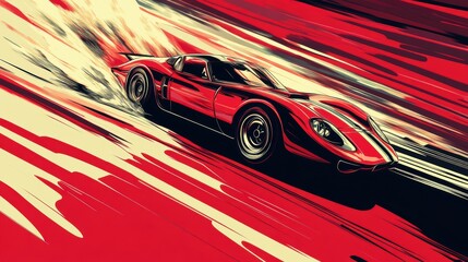 A red sports car speeding on a red and yellow