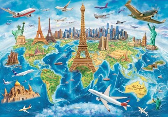 Travel Map: A World Map Showcasing Major Landmarks and Popular Tourist Destinations